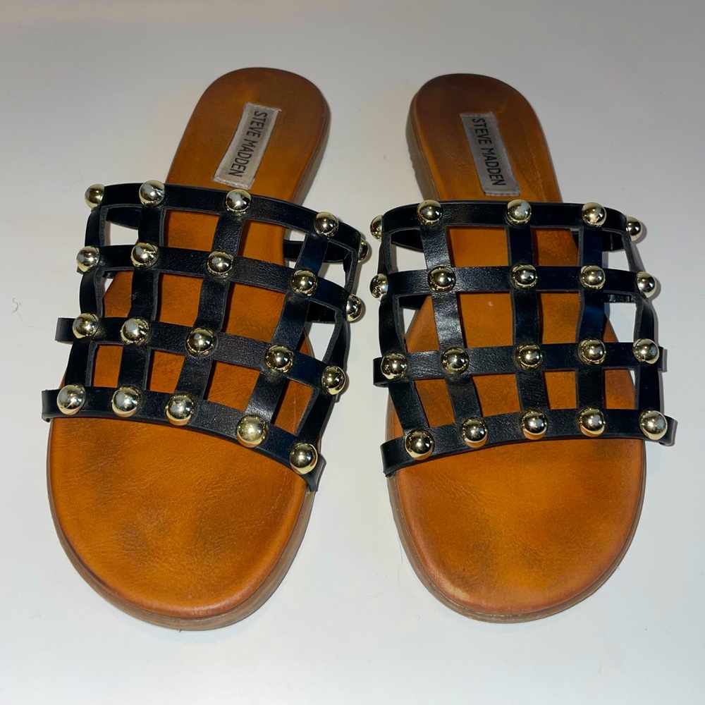 Gently-worn Steve Madden black sandals with gold studs